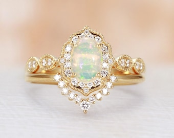Vintage Oval Opal Engagement Ring Set,Yellow Gold Milgrain Ring,Moissanite Halo Bridal Ring Set,Diamond Curved Wedding Band,Anniversary Ring
