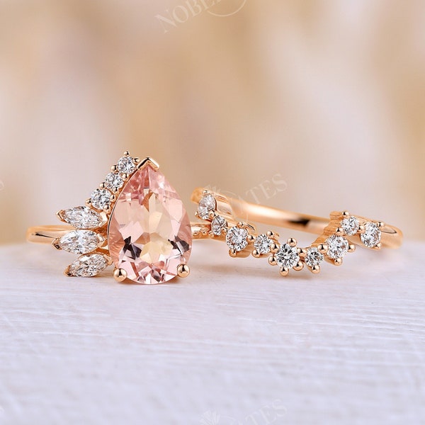 Peach pink Morganite Engagement Ring set Art deco Rose Gold Pear shaped Bridal set Antique Diamond Halo Wedding set Anniversary promise ring