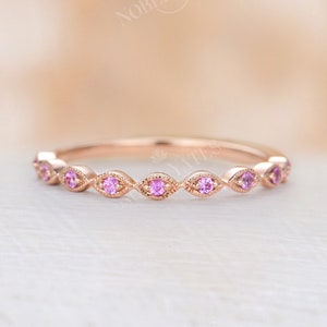 Pink Sapphire wedding band Art deco Rose gold ring vintage Half eternity band Milgrain Dainty Stacking Bridal Delicate Matching band