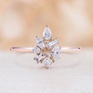 Art deco 0.5CT Diamond Cluster Engagement ring Rose gold Vintage Floral Pear & Marquise Moissanite Bridal ring Delicate Wedding promise ring