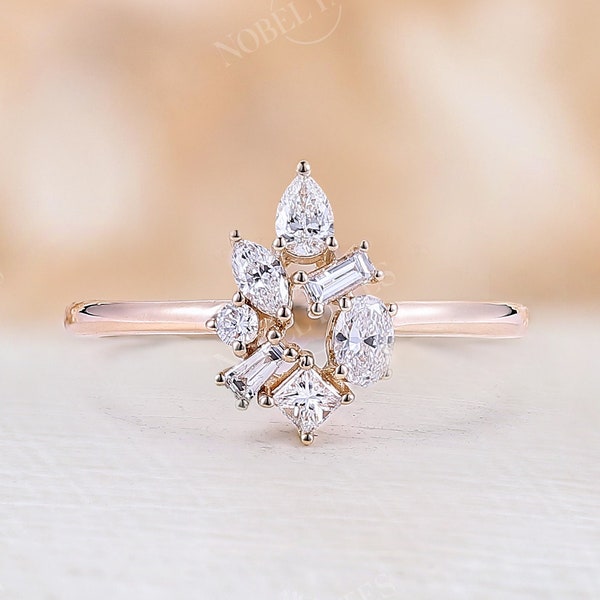 Art deco 0.5CT Diamond Cluster Engagement ring Rose gold Vintage Floral Pear & Marquise Moissanite Bridal ring Delicate Wedding promise ring