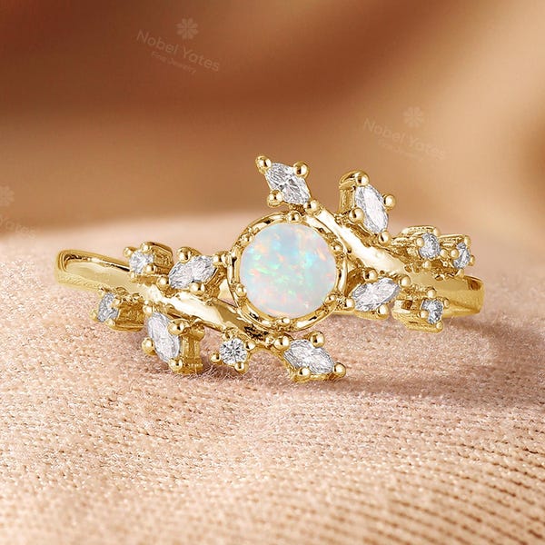 Anillo de compromiso de ópalo vintage Anillo de compromiso de oro rosa Anillo de racimo de diamantes Anillo único Anillo estilo hoja Anillo de novia Anillo de promesa Anillo de aniversario