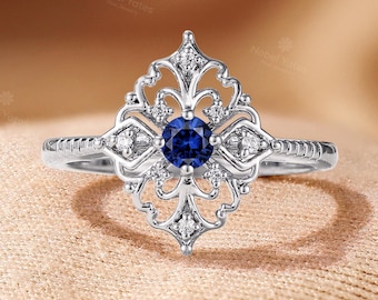 Vintage Round Natural Sapphire Engagement Ring, 14K Rose Gold Wedding Ring, Unique Diamond Bridal Ring, Delicate Anniversary Promise Ring