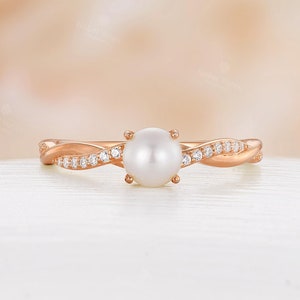 Vintage Womens Akoya Pearl Engagement Ring,Rose Gold Ring,Pearl Crossover Ring,Twist Diamond Ring,Delicate Bridal Ring,Proposal Promise Ring