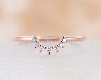 Curved Wedding Band vintage U shaped band Rose gold Diamond Ring Unique Bridal ring art deco stacking Promise matching band Anniversary