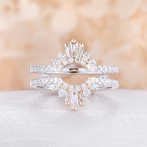 Art deco Enhancer Diamond Wedding Band | Unique Double Curved Ring with Baguette&Round | Delicate Half Eternity Stacking Ring Two-tone Ring