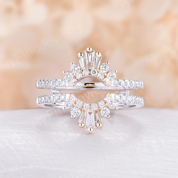 Art deco Ring enhancer Diamond CZ wedding band Unique Baguette curved double band Delicate half eternity Stacking Ring jacket promise ring