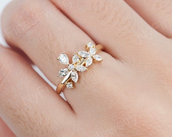 Diamond Cluster Engagement Ring Unique Flower Ring 14K Yellow 