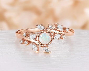 Opal engagement ring vintage Rose gold engagement ring Diamond Cluster ring Unique ring leaf style ring Bridal ring Promise Anniversary ring
