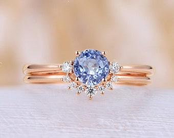 Lab Cornflower sapphire engagement ring set round lab blue sapphire rose gold ring stacking matching band diamond moissanite ring bridal set