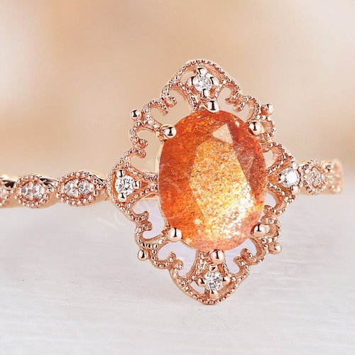 African Sunstone Engagement Ring Vintage Rose Gold Sunstone Etsy