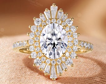 Art Deco Moissanite Engagement Ring, 18K Gold, Baguette & Round Diamond Double Halo, Bridal Jewelry