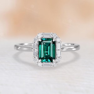 Art Deco Lab Emerald Engagement Ring, Lab Grown Diamond Halo Design Cluster Wedding Ring, 14K White Gold Ring, Custom Fine Jewelry for Women