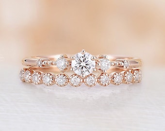 Moissanite engagement ring set rose gold Vintage Diamond milgrain ring Dainty antique Half eternity stacking Bridal set Promise ring