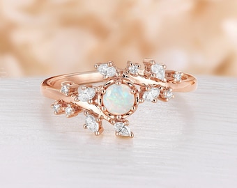 Round Opal engagement ring Rose gold engagement ring Diamond Cluster ring Unique Delicate leaf wedding Bridal set Promise Anniversary ring
