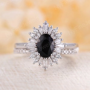 Vintage onyx engagement ring set Oval cut black onyx ring white gold diamond/CZ halo ring half eternity promise bridal set Anniversary