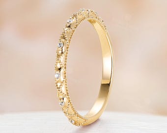 Vintage Lab Grown Diamond Wedding Band, Solid Gold Milgrain Band Ring, Half Eternity Band, Stackable Matching Rings for Women -NyFineJewelry