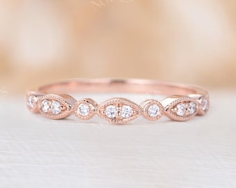 Vintage diamond wedding band rose gold Art deco marquise moissanite ring Half eternity band dainty milgrain Stacking band Promise ring