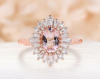 Vintage Pink Morganite engagement ring oval morganite ring Unique rose gold diamond Halo Baguette ring starburst Bridal ring Anniversary