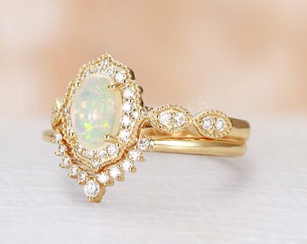 Opal engagement ring set yellow gold diamond moissanite vintage halo ring oval cut bridal set milgrain ring curved wedding Anniversary ring