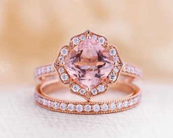 Cushion cut Morganite engagement ring set vintage Art deco Unique rose gold ring peach pink morganite Bridal set wedding band Anniversary