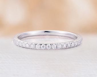 Diamond wedding band dainty white gold moissanite ring full eternity band delicate micro pave bridal matching band anniversary promise band