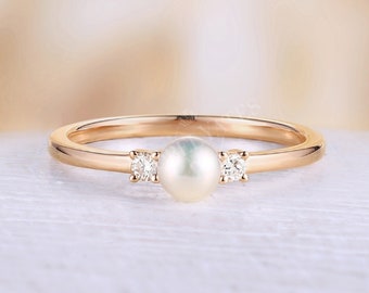 Akoya Pearl engagement ring Pearl ring rose gold Diamond wedding Dainty Three stones simple Unique art deco Anniversary promise ring