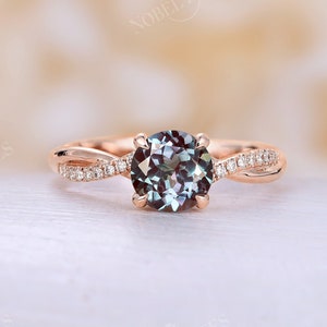 Antique Lab alexandrite Engagement Ring Rose gold round shape bridal ring Unique Twisted infinity wedding ring Promise Anniversary ring