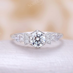 Round cut Moissanite engagement ring Vintage ring unique art deco solid white gold prong Natural Diamond ring bridal Anniversary ring
