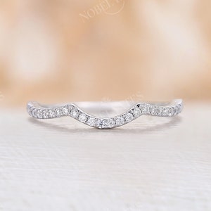 Curved diamond wedding band vintage White gold Moissanite band Unique Bridal stacking matching art deco band Promise Anniversary ring