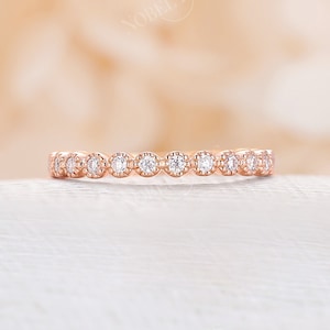 Vintage Rose gold diamond wedding band 3/4 eternity Moissanite ring Delicate matching band Bridal matching milgrain promise anniversary
