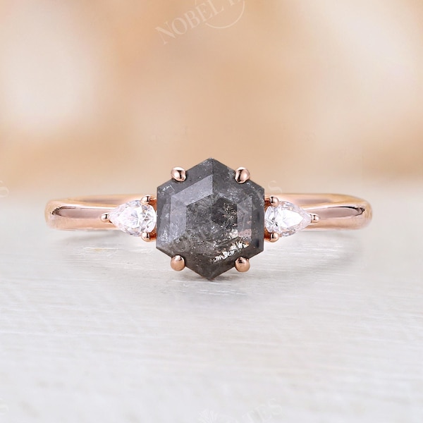 Salt and pepper diamond engagement ring prong Rose gold vintage hexagon shape ring three stone Unique Diamond ring Anniversary ring
