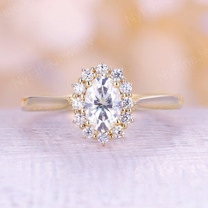 Vintage Moissanite engagement ring Oval moissanite ring yellow gold forever One ring diamond halo art deco ring wedding Anniversary ring