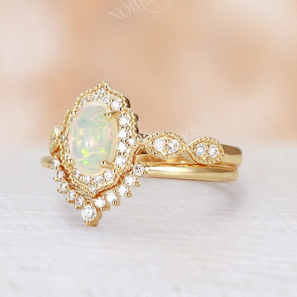 Opal engagement ring set yellow gold diamond moissanite vintage halo ring oval cut bridal set milgrain ring curved wedding Anniversary ring