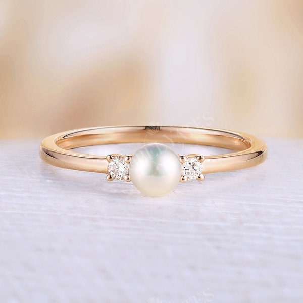 Akoya Pearl engagement ring Pearl ring rose gold Diamond wedding Dainty Three stones simple Unique art deco Anniversary promise ring