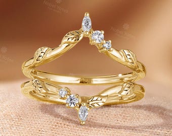 Alliance double incurvée en forme de feuille naturelle, jonc de rehausseur de diamants cultivés en laboratoire, anneau de protection en or pour femme, bague de promesse d'anniversaire
