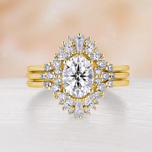 Art Deco Oval Cut Moissanite Engagement Ring Set with Curved Wedding Bands, 14K Solid Gold Wedding Ring, 3Pcs Bridal Ring Set -NyFineJewelry