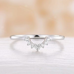 Minimalist Natural Diamond Wedding Band, 18K White Gold Curved Band, Handmade Diamond Ring, Stackable Matching Band, Delicate Ring for Women