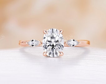 Moissanite Three Stone Engagement ring 14K Rose gold Classic Oval & Marquise Diamond Bridal ring Antique Prong set Wedding Anniversary ring