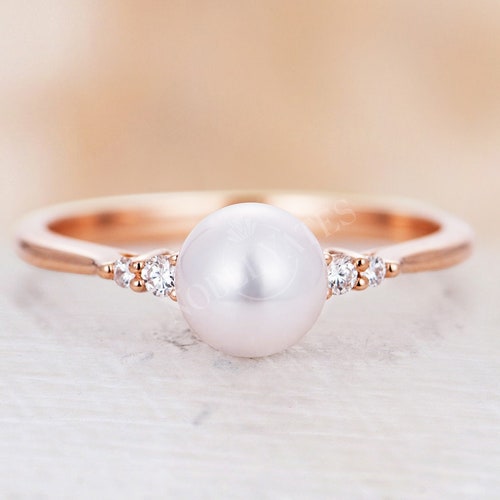 Vintage Akoya Pearl Engagement Ring Rose Gold Moissanite - Etsy