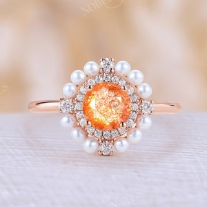 African Sunstone Engagement Ring with Pearl, Lab Grown Diamond Double Halo Ring, Art Deco Wedding Ring, Custom Gemstone Rings for Women