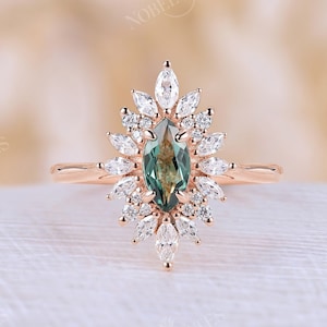 Green sapphire engagement ring marquise cut ring lab green sapphire diamond halo ring rose gold ring moissanite ring art deco ring vintage