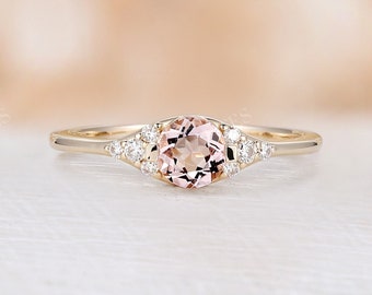 Unique Round Cut Morganite Engagement Ring, Moissanite / Diamond Cluster Wedding Bridal Ring, Vintage 14K/18K Yellow Gold Anniversary Ring