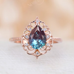 Pear shaped Alexandrite engagement ring Vintage ring 14K 18K rose gold Unique band art deco ring delicate diamond ring Anniversary promise