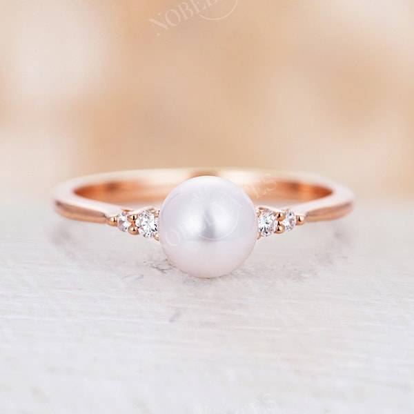 Akoya Pearl engagement ring rose gold Diamond simple wedding ring Dainty Bridal ring Unique vintage pearl ring Anniversary promise ring