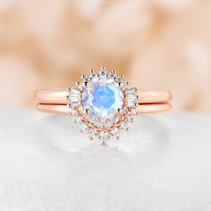 Vintage moonstone engagement ring set unique halo diamond ring rose gold tapered baguette cut cz cluster ring anniversary promise bridal set