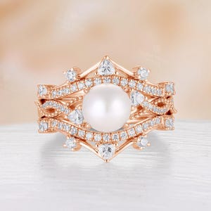 Vintage Freshwater Pearl Bridal Ring Set, Enhancer Curved Wedding Band, 14K Rose Gold Wedding Ring Set, Custom Twist Design Engagement Ring