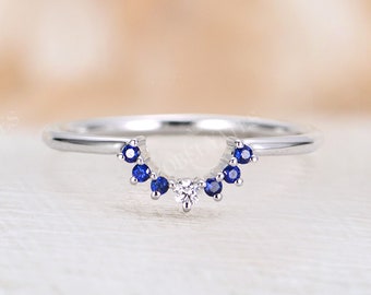 White Gold Curved sapphire Wedding Band vintage Diamond Ring Unique Bridal stacking Delicate matching band Promise Anniversary ring