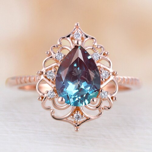Pear Shaped Alexandrite Engagement Ring Vintage Rose Gold - Etsy