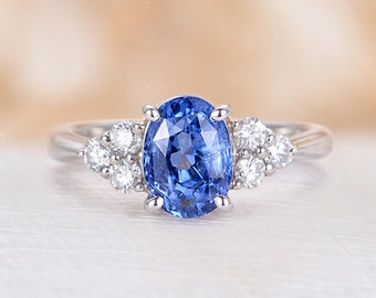 Cornflower Sapphire Engagement Ring Vintage oval cut Ring Moissanite cluster Wedding 14K white Gold Unique prong art deco Anniversary